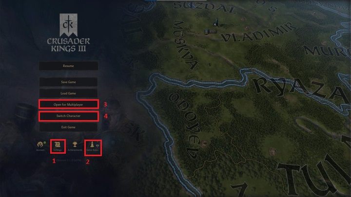 Pozwala ono na modyfikacje standardowych opcji (1), sprawdzenie zasad gry ustawionych przed jej rozpoczęciem (2), a także otwarcie rozgrywki na tryb sieciowy (3) i zmianę postaci którą grasz (4) - Crusader Kings 3: Opis interfejsu - Crusader Kings 3 - poradnik do gry