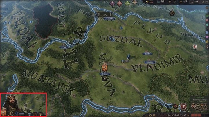 W lewym dolnym rogu ekranu znajdziesz ikony odnoszące się do postaci Twojego władcy, dynastii a także religii i kultury - Crusader Kings 3: Opis interfejsu - Crusader Kings 3 - poradnik do gry