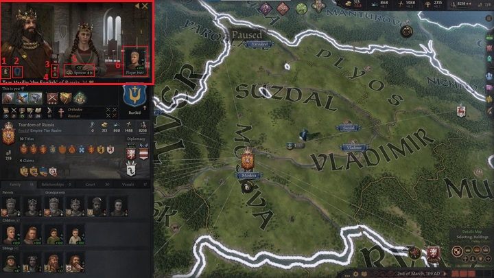 Na samej górze znajdują się modele wybranej postaci oraz jej partnera - Crusader Kings 3: Opis interfejsu - Crusader Kings 3 - poradnik do gry
