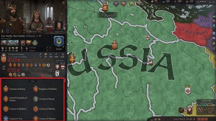 Jeśli klikniesz w Titles (1) lub Claims (2) w dolnej części okna (3) postaci wyświetlona zostanie pełna lista posiadanych tytułów lub roszczeń - Crusader Kings 3: Opis interfejsu - Crusader Kings 3 - poradnik do gry
