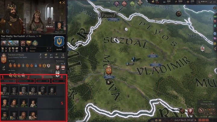 Ostatnia część okna postaci, dotyczy jej relacji z innymi postaciami - Crusader Kings 3: Opis interfejsu - Crusader Kings 3 - poradnik do gry