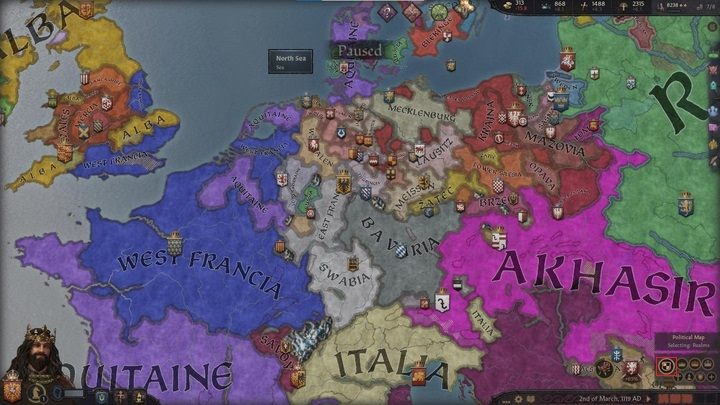Największa ikona uruchamia tryb podstawowy, który prezentuje aktualną sytuację polityczną na mapie - Crusader Kings 3: Tryby mapy - Crusader Kings 3 - poradnik do gry
