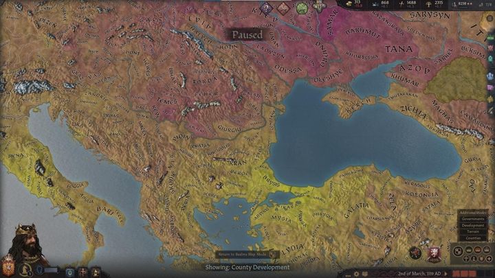 Widok poziomu rozwoju hrabstw - Crusader Kings 3: Tryby mapy - Crusader Kings 3 - poradnik do gry