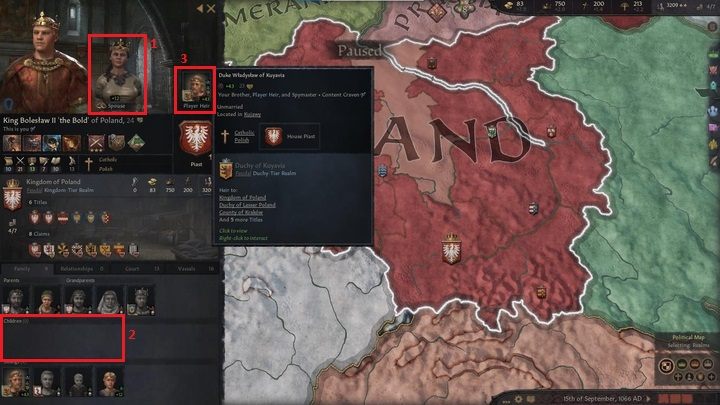 Masz już małżonkę (1), jednak nie masz dzieci (2), przez co Twoim prawowitym dziedzicem jest Twój brat (3) - Książe Władysław z Kujaw - Crusader Kings 3: Pierwsze kroki - Crusader Kings 3 - poradnik do gry