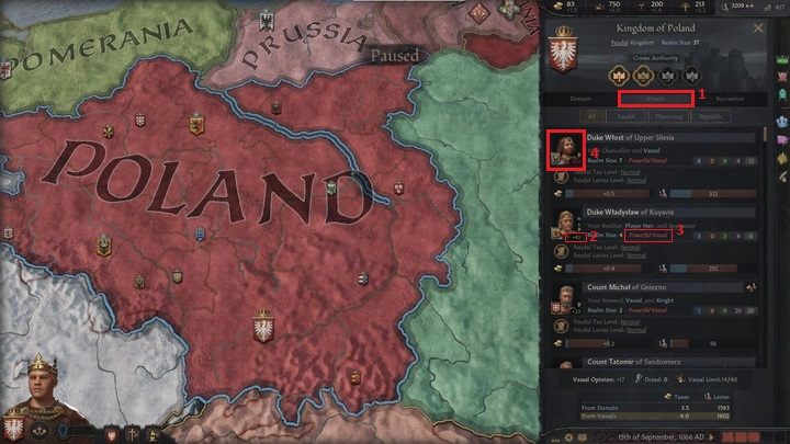 Przejdźmy teraz do zakładki Vassals (1) aby sprawdzić Twoich bezpośrednich wasali - Crusader Kings 3: Pierwsze kroki - Crusader Kings 3 - poradnik do gry