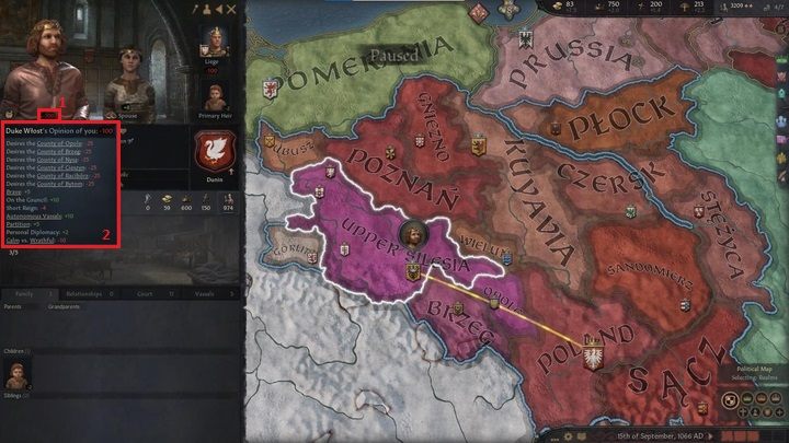 Sprawdzając wybranego wasala, po lewej stronie zobaczysz jego okno postaci, jak również zmieni się nieco widok mapy głównej - Crusader Kings 3: Pierwsze kroki - Crusader Kings 3 - poradnik do gry