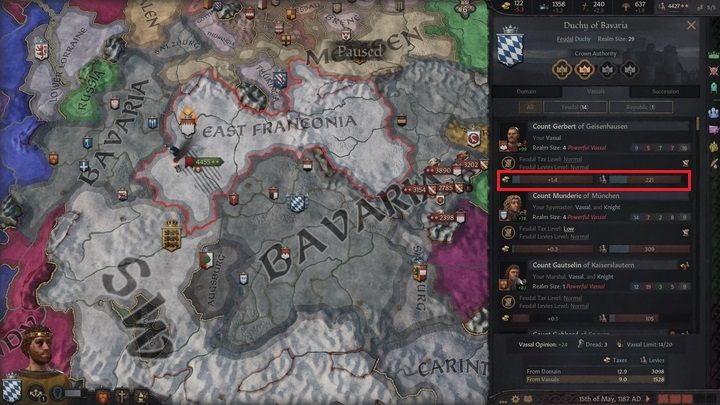 Aby sprawdzić jakich posiadasz wasali, otwórz okno zarządzania królestwem i wybierz zakładkę Vassals - Crusader Kings 3: Wasale - Crusader Kings 3 - poradnik do gry