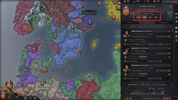 Generalnie to co możesz zrobić ze swoimi wasalami, jak również to jaki oni mają zakres możliwości, określa poziom autorytetu Twojej władzy (Crown Authority) - Crusader Kings 3: Wasale - Crusader Kings 3 - poradnik do gry