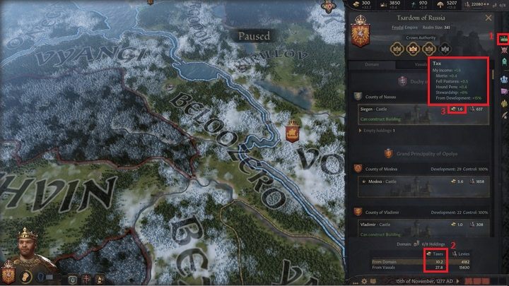 Szczegółowe informacje na temat podatków znajdziesz również w oknie zarządzania królestwem (1) - Crusader Kings 3: Złoto i budynki - Crusader Kings 3 - poradnik do gry