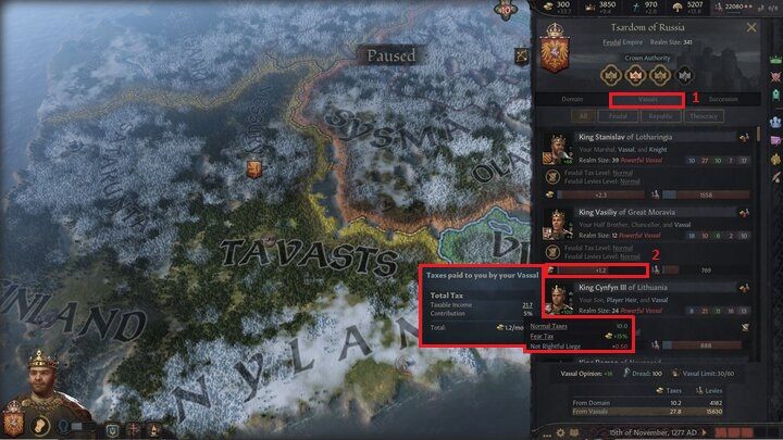 Korzystając z zakładki Vassals (1) możesz uzyskać równie szczegółowe dane na temat podatków pobieranych od Twoich wasali - Crusader Kings 3: Złoto i budynki - Crusader Kings 3 - poradnik do gry