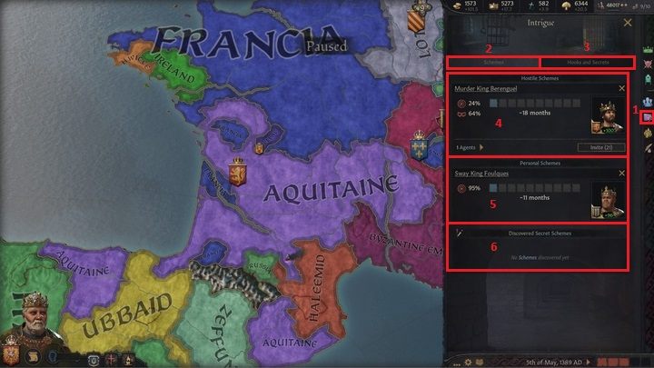 Po otwarciu okna intryg (1), zobaczysz dwie zakładki: intrygi (Schemes - 2) oraz haki i sekrety (Hooks and Secrets - 3) - Crusader Kings 3: Rada i dwór - Crusader Kings 3 - poradnik do gry