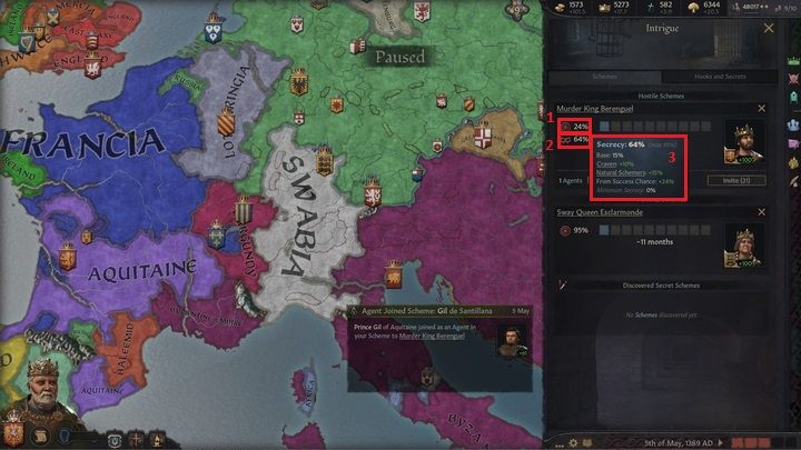 W oknie intryg znajdziesz również wskaźnik sukcesu (1 - Success Chance) i dyskrecji (2 - Secrecy) przygotowywanych spisków - Crusader Kings 3: Rada i dwór - Crusader Kings 3 - poradnik do gry