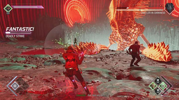 Jedna z atakowanych macek docelowo opadnie na arenę po tym jak zapełni się pasek oszołomienia - Guardians of the Galaxy: Lokator Mroku (Dweller-In-Darkness) - jak pokonać? - Guardians of the Galaxy - poradnik do gry