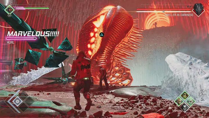 Powtarzajcie schemat z rzucaniem bomb, aż Lokator Mroku straci cały pasek zdrowia i zostanie oszołomiony - Guardians of the Galaxy: Lokator Mroku (Dweller-In-Darkness) - jak pokonać? - Guardians of the Galaxy - poradnik do gry