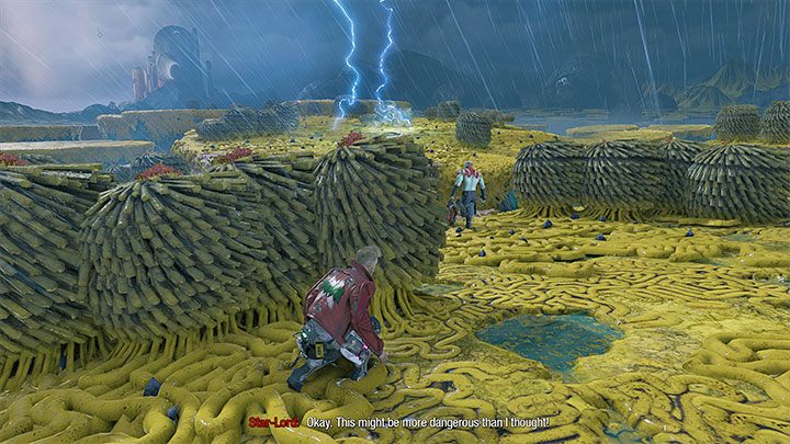 W początkowej części eksploracji powierzchni planety Seknarf Dziewięć musicie doskakiwać do kolejnych półek i pamiętajcie o możliwości używania podwójnych skoków żeby zmniejszyć ryzyko spadnięcia w przepaść - Guardians of the Galaxy: Rozdział 3 - solucja, opis przejścia - Guardians of the Galaxy - poradnik do gry