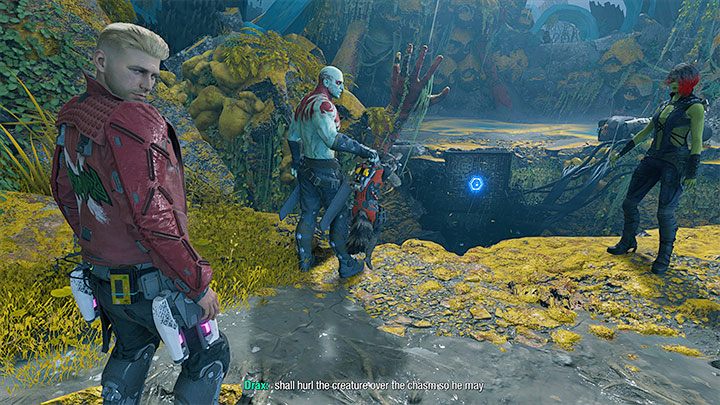 Liniowa ścieżka doprowadzi Was do miejsca z obrazka, w którym przepaść oddziela drużynę od kolejnej lokacji - Guardians of the Galaxy: Rozdział 3 - solucja, opis przejścia - Guardians of the Galaxy - poradnik do gry
