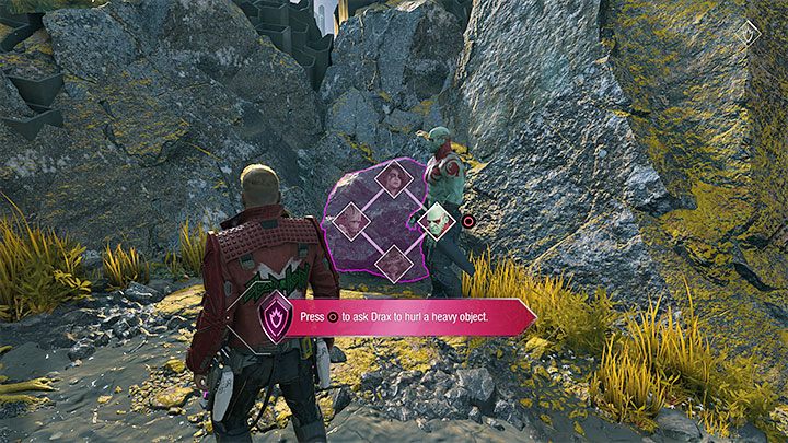 W przypadku wybrania alternatywnego przejścia dotrzecie do ściany z pęknięciem - zeskanujcie ją, a następnie duży głaz po prawej stronie (powyższy obrazek) - Guardians of the Galaxy: Rozdział 3 - solucja, opis przejścia - Guardians of the Galaxy - poradnik do gry