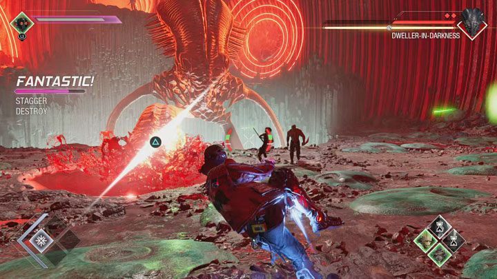 Po tym jak macka straci wszystkie punkty zdrowia na ekranie może pojawić się ikona przycisku - skorzystanie z tej specjalnej akcji doprowadzi do przecięcia macki i boss zostanie permanentnie osłabiony - Guardians of the Galaxy: Rozdział 4 - solucja, opis przejścia - Guardians of the Galaxy - poradnik do gry