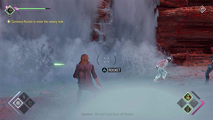 Teraz musicie namierzyć i wskazać otwór za wodospadem - Guardians of the Galaxy: Rozdział 10 - solucja, opis przejścia - Guardians of the Galaxy - poradnik do gry