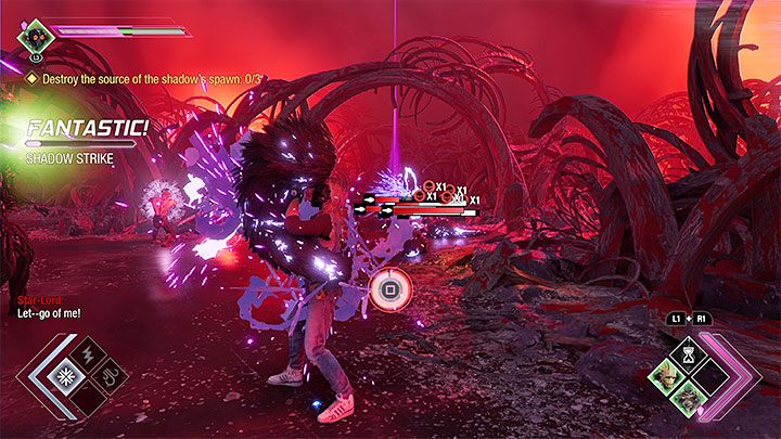 Rozpocznie się duża bitwa i w trakcie jej rozgrywania trzymajcie potwory na dystans, bo w przeciwnym razie mogą wskoczyć na bohatera (przykład takiej sytuacji na obrazku) - Guardians of the Galaxy: Rozdział 11 - solucja, opis przejścia - Guardians of the Galaxy - poradnik do gry