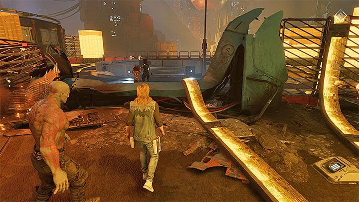 Po wygranej bitwie możecie poprosić Draxa o wysunięcie dużego żółtego bloku z tej okolicy - Guardians of the Galaxy: Rozdział 12 - solucja, opis przejścia - Guardians of the Galaxy - poradnik do gry