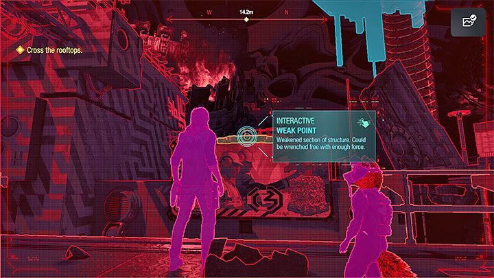 Powróćcie do drużyny, namierzcie słaby punkt przy billboardzie (powyższy obrazek) i użyjcie na nim żywiołu wiatru - Guardians of the Galaxy: Rozdział 12 - solucja, opis przejścia - Guardians of the Galaxy - poradnik do gry