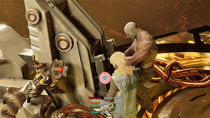 Jeden z kabli nie będzie chciał się poprawnie wyciągnąć i konieczna okaże się pomoc ze strony reszty drużyny - Guardians of the Galaxy: Rozdział 12 - solucja, opis przejścia - Guardians of the Galaxy - poradnik do gry