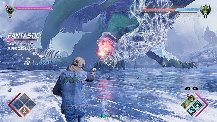 W pierwszej części konfrontacji Waszym priorytetem będzie niszczenie fragmentów lodowego pancerza smoka - znajdują się one na jego klatce piersiowej, pazurach oraz głowie - Guardians of the Galaxy: Rozdział 13 - solucja, opis przejścia - Guardians of the Galaxy - poradnik do gry