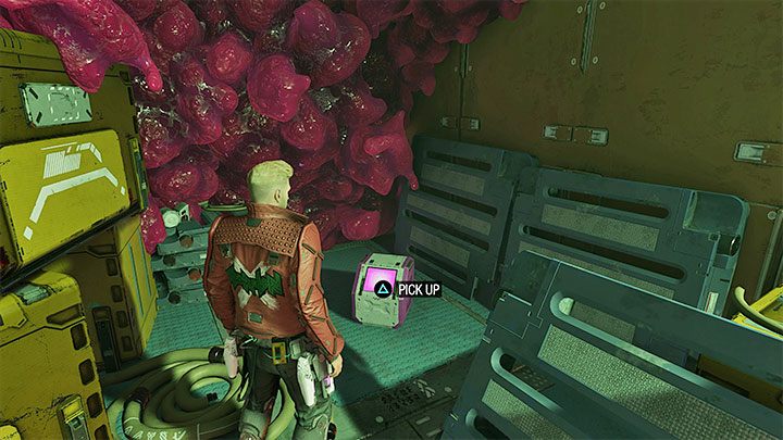 Rozejrzyjcie się w aktualnym pomieszczeniu za wąskim przejściem z obrazka 1 - Star-Lord musi kucnąć żeby móc przejść na drugą stronę - Guardians of the Galaxy: Rozdział 1 - wszystkie sekrety/znajdźki, lista - Guardians of the Galaxy - poradnik do gry