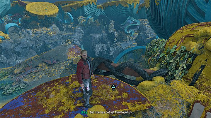 Poprawnie zaliczona zagadka dopuści do opuszczenia wielkiego skrzydła wraku bombowca i musicie skorzystać z tego nowego przejścia (obrazek 1) - Guardians of the Galaxy: Rozdział 3 - wszystkie sekrety/znajdźki, lista - Guardians of the Galaxy - poradnik do gry