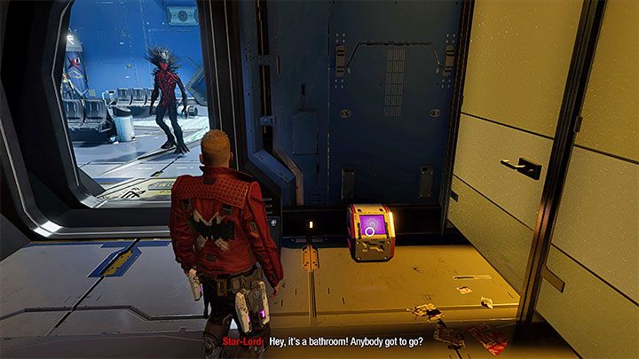 Boczne pomieszczenie okaże się toaletą i znajdziecie tu skrzynkę z sekretem - Guardians of the Galaxy: Rozdział 5 - wszystkie sekrety/znajdźki, lista - Guardians of the Galaxy - poradnik do gry