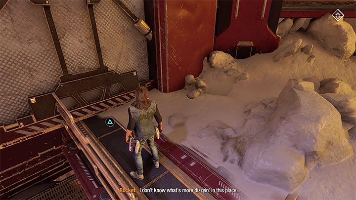 Zdobyciem ostatniego sekretu dla tej misji możecie zająć się po dotarciu do pokazanych na obrazku 1 zniszczonych schodów, które zlokalizowane są niedaleko stołu warsztatowego - Guardians of the Galaxy: Rozdział 12 - wszystkie sekrety/znajdźki, lista - Guardians of the Galaxy - poradnik do gry