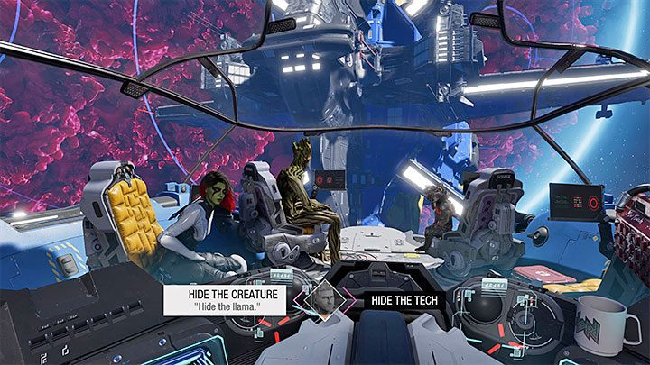 Wybór dotyczy tego co ma zostać schowane w skrytce na statku zanim dojdzie do przeszukania jednostki latającej Strażników Galaktyki - będziecie mogli wybrać tylko jeden z dostępnych wariantów - Guardians of the Galaxy: Ważne wybory - Rozdział 2 - Guardians of the Galaxy - poradnik do gry