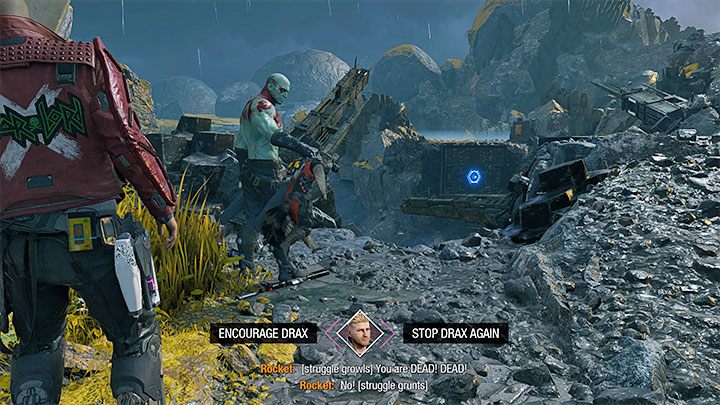 W dalszej części rozdziału natraficie podobne miejsce i Drax ponownie będzie chciał rzucić Rocketem i przyczynić się do szybszego odblokowania przejścia dla całej drużyny - Guardians of the Galaxy: Ważne wybory - Rozdziały 3 i 4 - Guardians of the Galaxy - poradnik do gry
