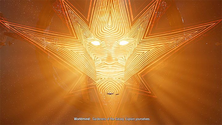 Scena ze spotkania z Wszechumysłem (Worldmind) ma miejsce w dalszej części rozdziału - Guardians of the Galaxy: Ważne wybory - Rozdział 9 - Guardians of the Galaxy - poradnik do gry