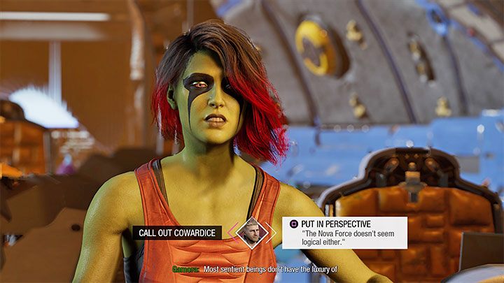 Przy trzecim wyborze zdecydujcie się na prawą opcję dialogową - umieszczenie w perspektywie (Put in Perspective) - Guardians of the Galaxy: Ważne wybory - Rozdział 9 - Guardians of the Galaxy - poradnik do gry