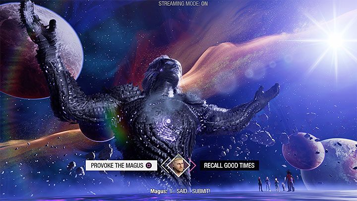 Przy trzecim wyborze zdecydujcie się na lewą opcję dialogową - sprowokowanie Magusa (Provoke the Magus) - Guardians of the Galaxy: Ważne wybory - Rozdział 16 - Guardians of the Galaxy - poradnik do gry