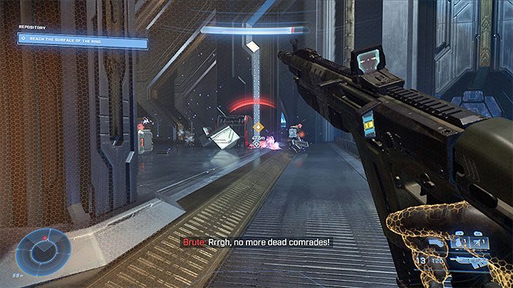 Po obejrzeniu cut-scenki wyruszcie w stronę nowego wyjścia, przy którym pojawili się wrogowie - Halo Infinite: Repozytorium - solucja, opis przejścia - Halo Infinite - poradnik do gry