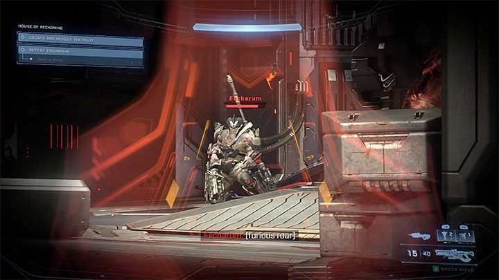 Escharum domyślnie nie posiada paska tarczy (zmieni się to później - szczegóły w dalszej części opisu), ale jest oczywiście bardzo wytrzymałym przeciwnikiem i wyczerpywanie czerwonego paska zdrowia jest powolnym procesem - Halo Infinite: Gmach Rozrachunku - solucja, opis przejścia - Halo Infinite - poradnik do gry