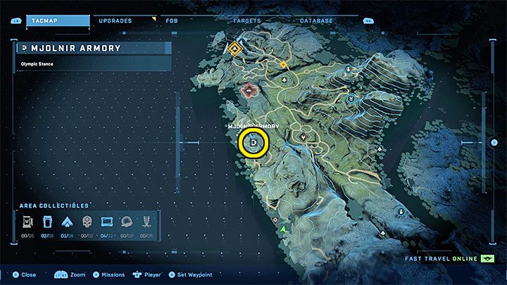 Zbrojownia znajduje się na zachodnim krańcu regionu, na wzgórzu na południe od bazy WBO Foxtrot - Halo Infinite: Zbrojownie i rdzenie Spartan (Blokada) - Halo Infinite - poradnik do gry
