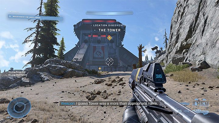 Trzeci żółty znacznik symbolizuje Wieżę i to jest lokacja, do której musicie ostatecznie wyruszyć żeby popchnąć główny wątek fabularny do przodu - Halo Infinite: Przywrócenie - solucja, opis przejścia - Halo Infinite - poradnik do gry