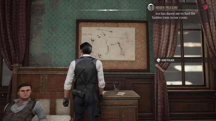 Koło łóżka, na którym wyleguje się Jon, znajdziecie tablicę korkową - Sherlock Holmes Chapter One: Matczyna miłość, pokój Sherlocka - solucja - Sherlock Holmes Chapter One - poradnik do gry