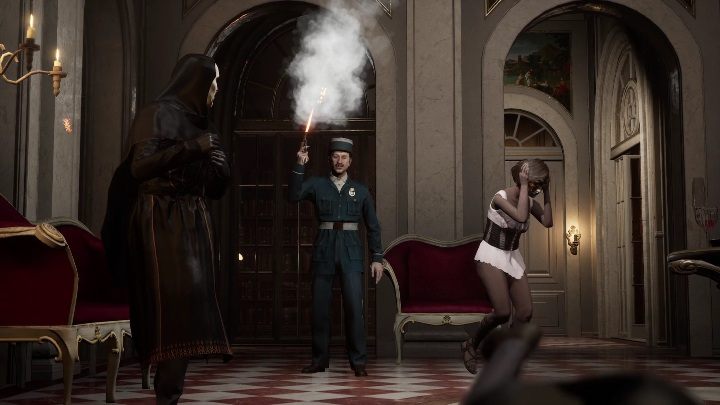 Ostatecznie udajcie się do głównego holu i zaczepcie organizatora całej imprezy, ten stoi przy fontannie - Sherlock Holmes Chapter One: Ofiarne jagnię, Rezydencja - solucja - Sherlock Holmes Chapter One - poradnik do gry