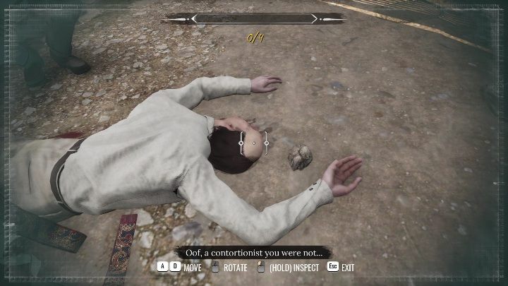 Zbadanie ciała polega na dokładnym przyjrzeniu się 4 elementom - Sherlock Holmes Chapter One: Pozłacana klatka, miejsce zbrodni - solucja - Sherlock Holmes Chapter One - poradnik do gry