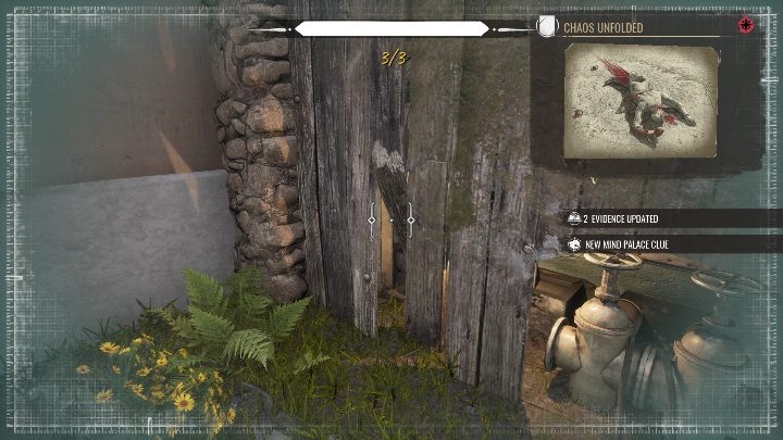 Po powrocie na miejsce zdarzenia obejrzyjcie drewnianą szopę, która znajduje na końcu drogi wejściowej - Sherlock Holmes Chapter One: Pozłacana klatka, miejsce zbrodni - solucja - Sherlock Holmes Chapter One - poradnik do gry