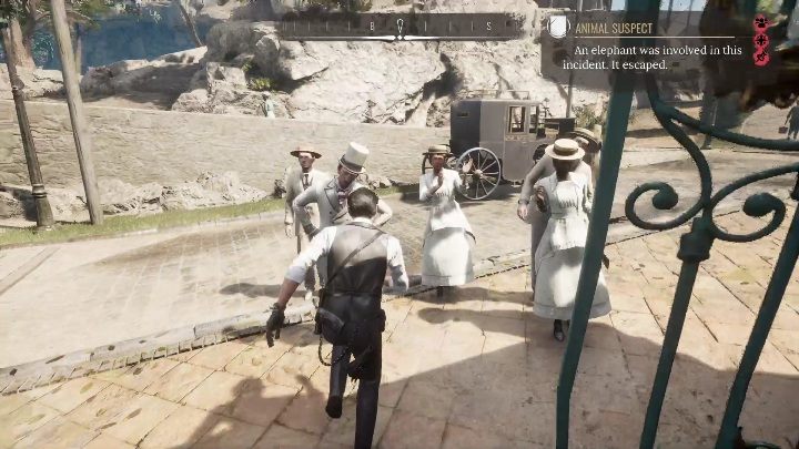 Przed rezydencją Gildenów stoi elegancka grupa, ubrana w pełni na biało - Sherlock Holmes Chapter One: Pozłacana klatka, ucieczka słonia - solucja - Sherlock Holmes Chapter One - poradnik do gry