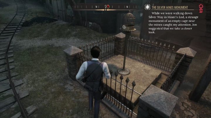 We wschodniej części Miners End, niedaleko pasieki, znajduje się pomnik, który zwróci uwagę mężczyzn - Sherlock Holmes Chapter One: Już po ptakach - solucja, Cordońskie opowieści - Sherlock Holmes Chapter One - poradnik do gry