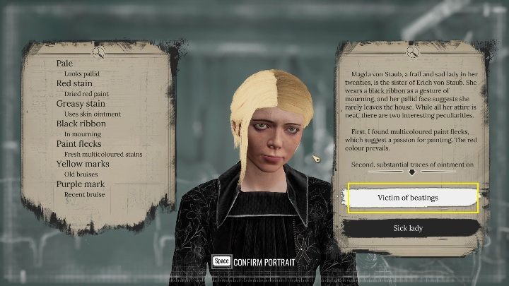 Prawidłową odpowiedzią będzie Ofiara pobicia (Victim of beatings) - Sherlock Holmes Chapter One: Poza kątem oka - solucja, Pozostałe sprawy - Sherlock Holmes Chapter One - poradnik do gry