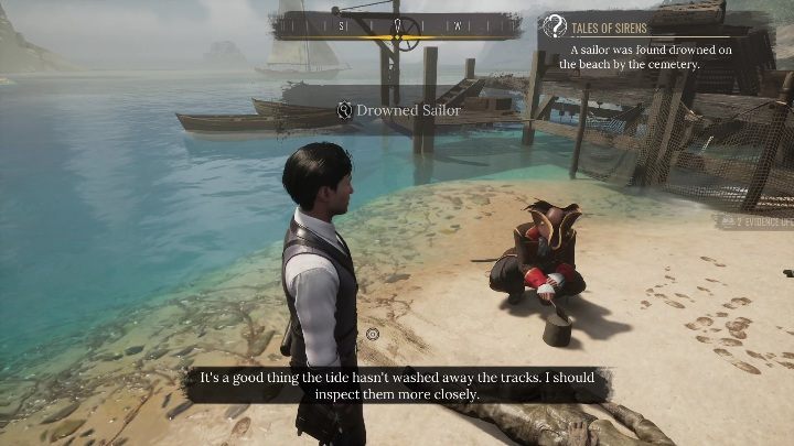 Kolejnym ruchem będzie zbadanie śladów przy brzegu, tych które wyglądają, jakby ktoś wyciągnął zwłoki na brzeg - Sherlock Holmes Chapter One: Syreni śpiew - solucja, Pozostałe sprawy - Sherlock Holmes Chapter One - poradnik do gry