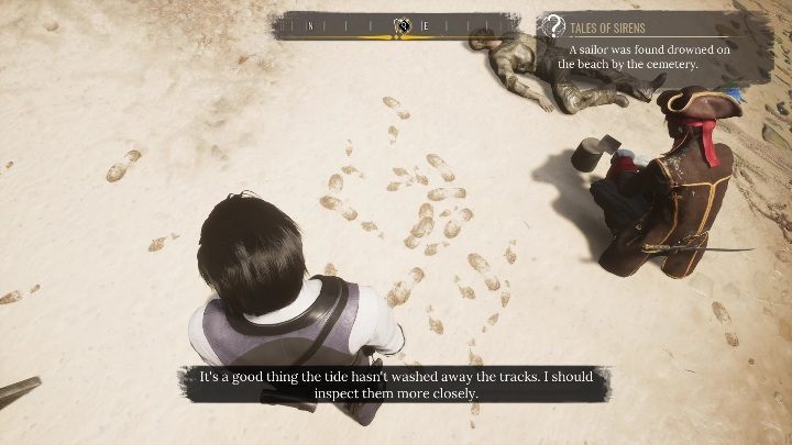 Zaraz obok butelki są ślady stóp, które należy sprawdzić - Sherlock Holmes Chapter One: Syreni śpiew - solucja, Pozostałe sprawy - Sherlock Holmes Chapter One - poradnik do gry